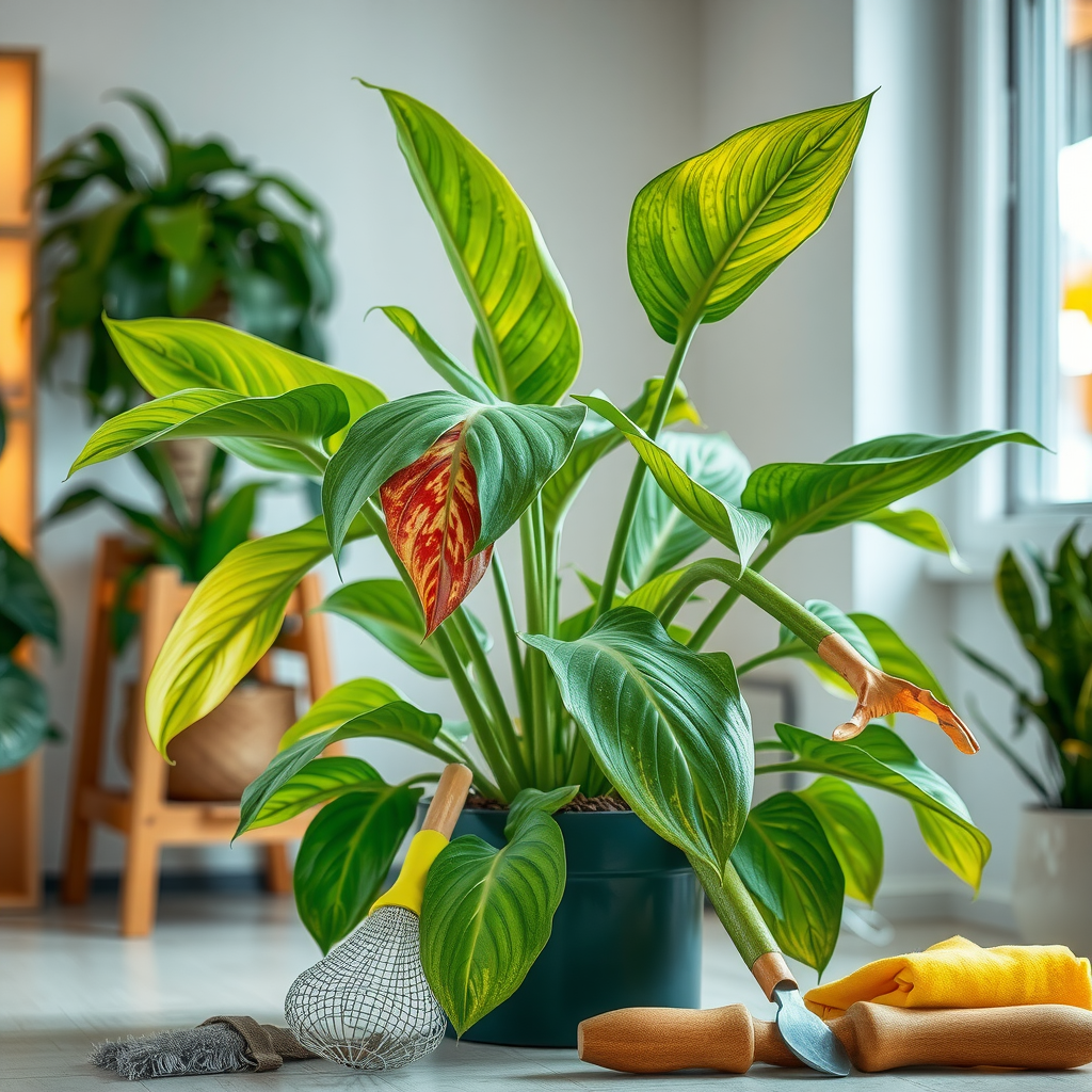 室内の観葉植物が枯れかけている様子、水やりのし過ぎや光不足の兆候を示す葉の変色、適切なケアのための道具が並ぶ