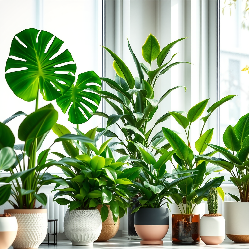 様々な健康的な室内植物が窓辺に並んでいる様子。モンステラ、ポトス、サンスベリアなどが美しい陶器の鉢に植えられ、自然光が差し込む明るい室内空間