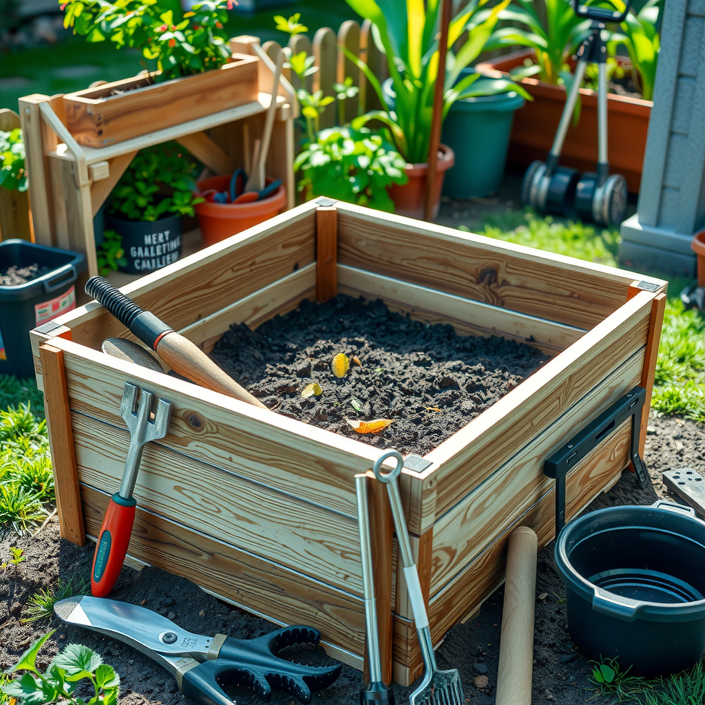 木製のレイズドガーデンベッドを組み立てている様子。新鮮な土が入り、周囲には工具とガーデニング用品が配置されている明るい裏庭の風景