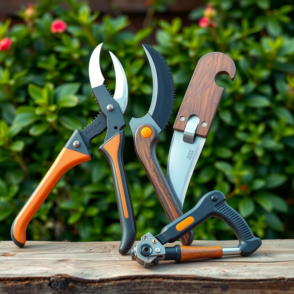 プロフェッショナルな剪定ツールのコレクション - 高品質な剪定鋏、ロッパー、折りたたみ式ノコギリが木製テーブルの上に美しく配置され、背景には緑豊かな庭園が広がる