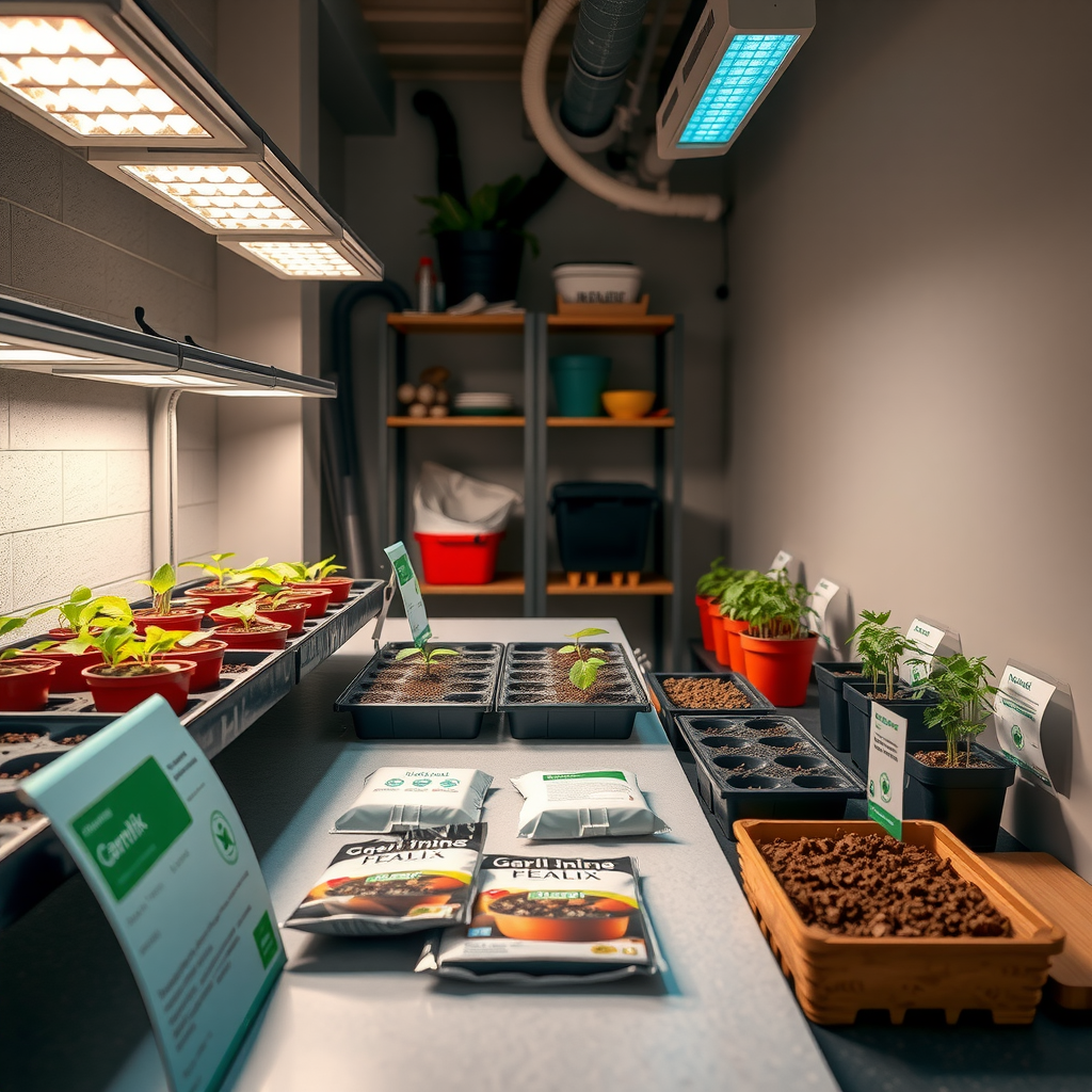 室内の種まきステーション。成長ライト、種トレイ、土壌ミックス、ラベル付きの種パケットが整理された作業台の上に配置されている様子