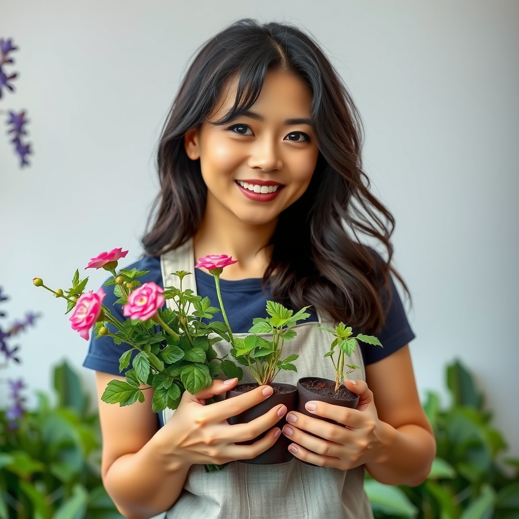 田中ユキ - 笑顔で植物を持つ女性、ガーデニングエプロンを着用し、温かく親しみやすい表情