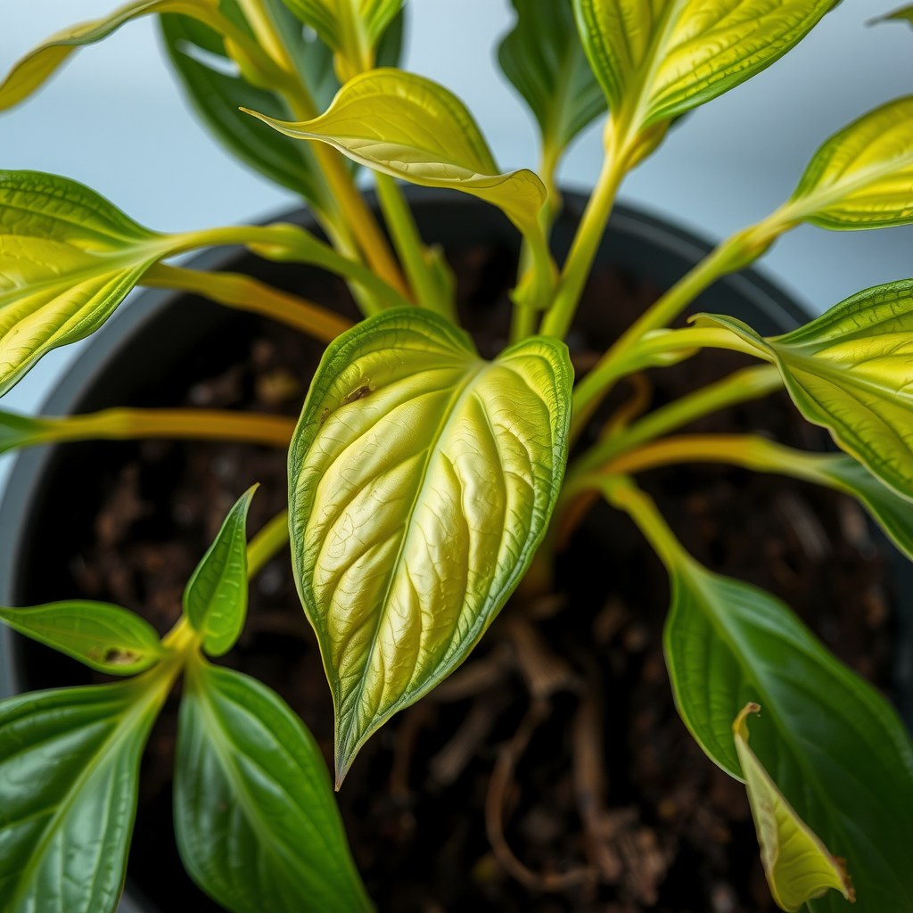 過剰な水やりの影響を受けた植物のクローズアップ。黄色く変色した葉、湿った土壌、根腐れの初期兆候が見られる鉢植え