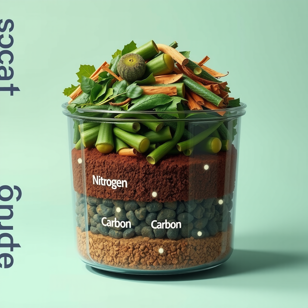 コンポストビンの断面図。緑色の材料（窒素源）と茶色の材料（炭素源）が層状に重なっている様子。各層には微生物の活動を示す小さな白い点が散らばっている