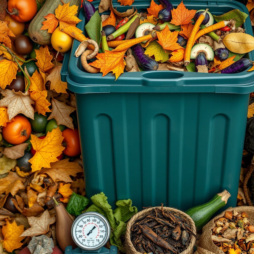 秋の落ち葉、野菜くず、堆肥ビンが満たされている様子、温度計と堆肥化プロセスを示す層状の有機物
