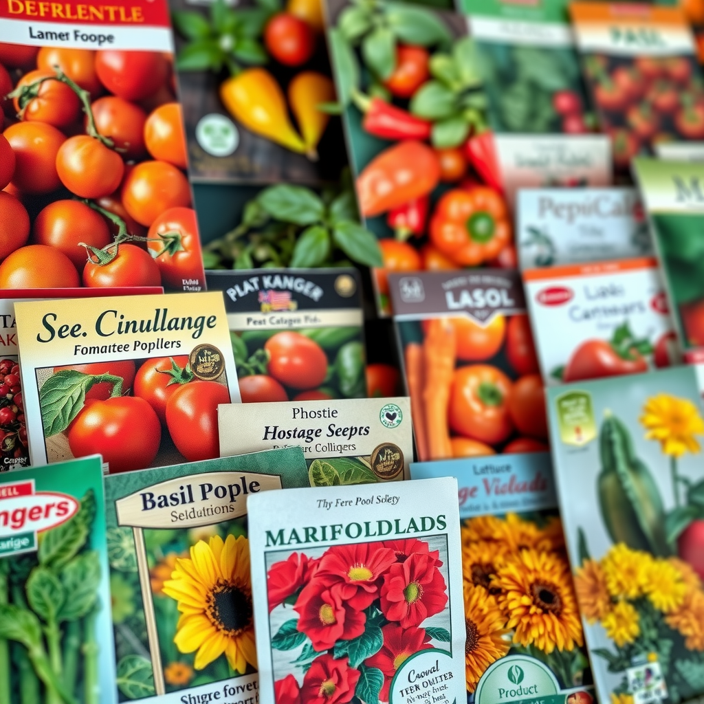 様々な野菜と花の種パケットのコレクション。トマト、ピーマン、レタス、バジル、マリーゴールドなどのカラフルなパッケージが並んでいる