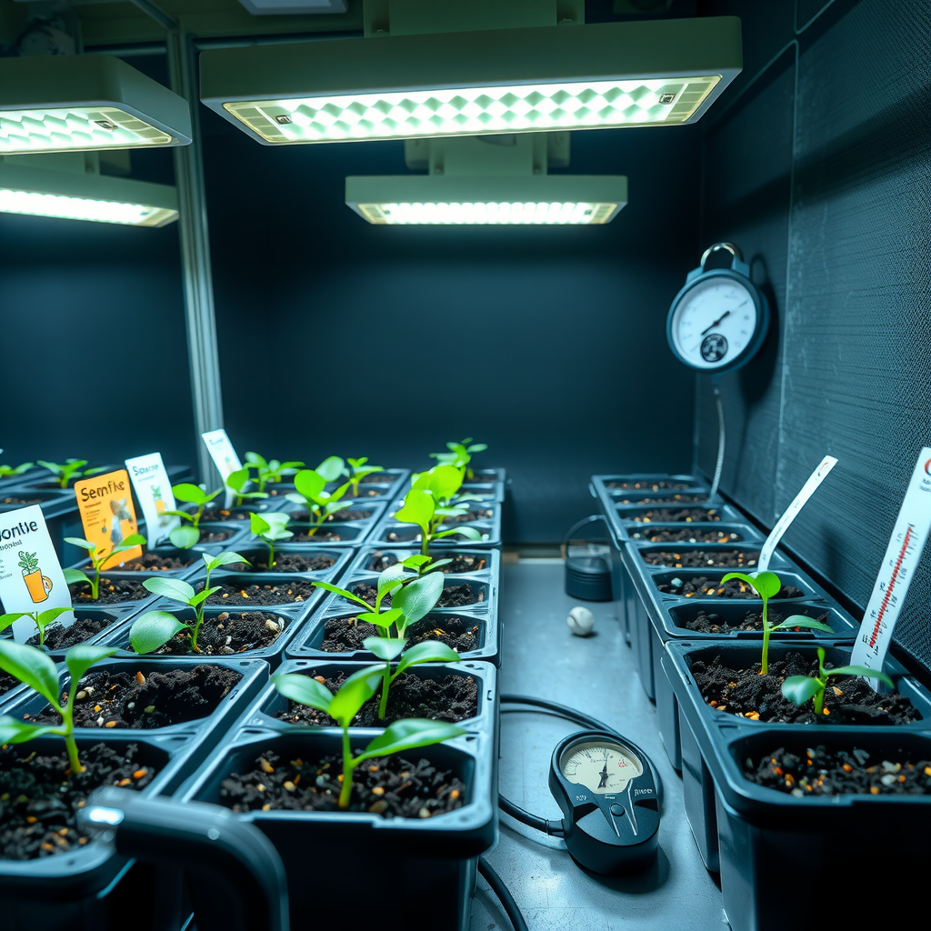 室内の種まきステーション、グローライトの下の苗トレイ、種のパケット、土壌ミックス、温度計、健康な苗が育つ様子
