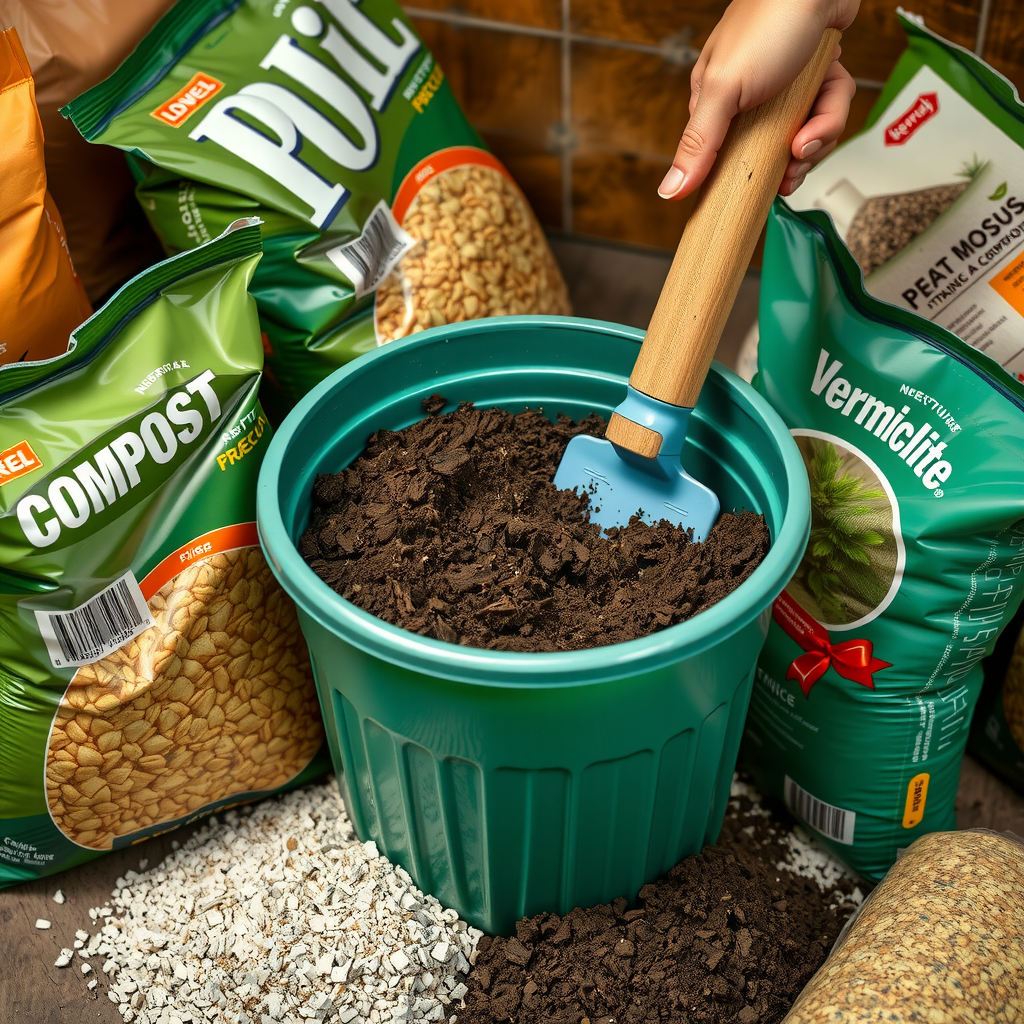 大きな容器で土壌をミックスしている様子。堆肥、ピートモス、バーミキュライトの袋が周囲に置かれ、シャベルで混ぜ合わせている