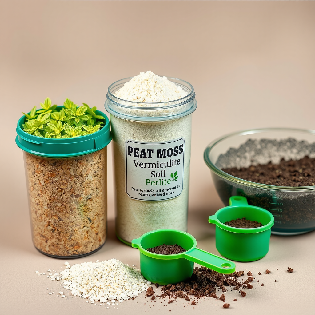 種まき用土壌ミックスの材料。ピートモス、バーミキュライト、パーライトが別々の容器に入っており、混合用の大きなボウルと計量カップが並んでいる