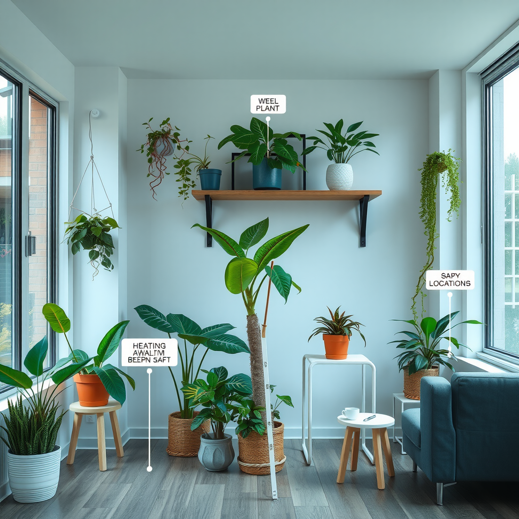 理想的な植物配置を示す室内空間。窓辺、棚、床など様々な高さと位置に植物が配置され、エアコンや暖房器具から離れた安全な場所が示されている