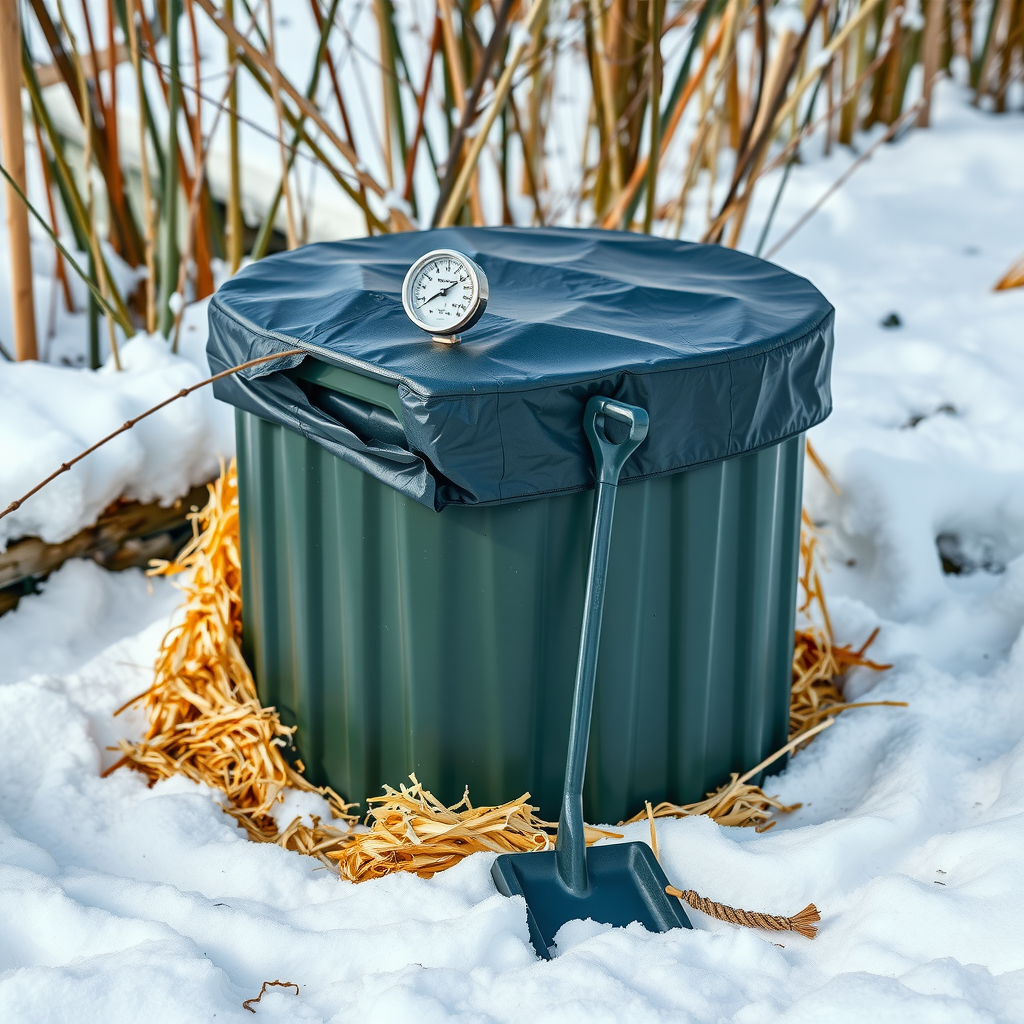 雪が積もった冬の庭に設置されたコンポストビン。ビンは黒いビニールシートで覆われ、周囲にはわらの断熱材が置かれている。手前には温度計とスコップが雪の上に置かれている