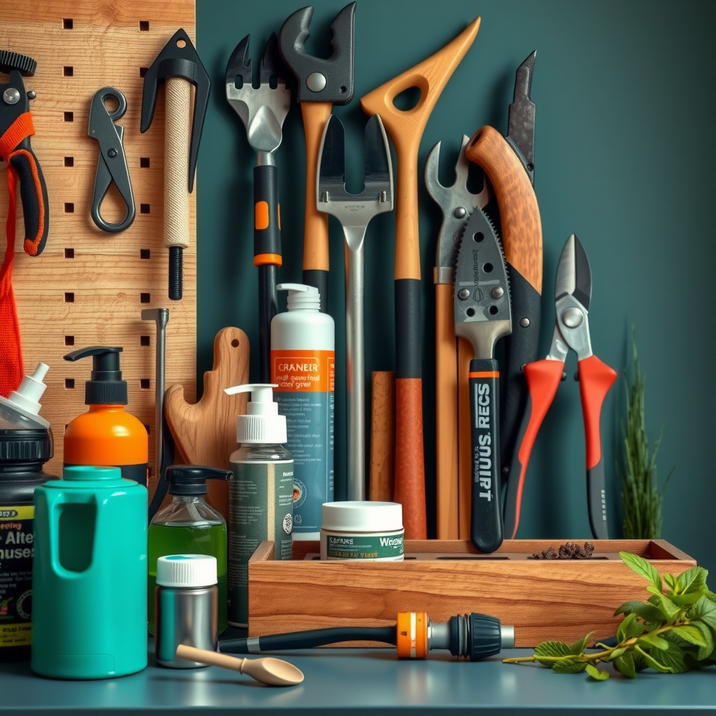 整理されたガーデンツールメンテナンスステーション、清掃用品、研磨ツール、注油用品、適切に保管された剪定ツールが美しく配置されている