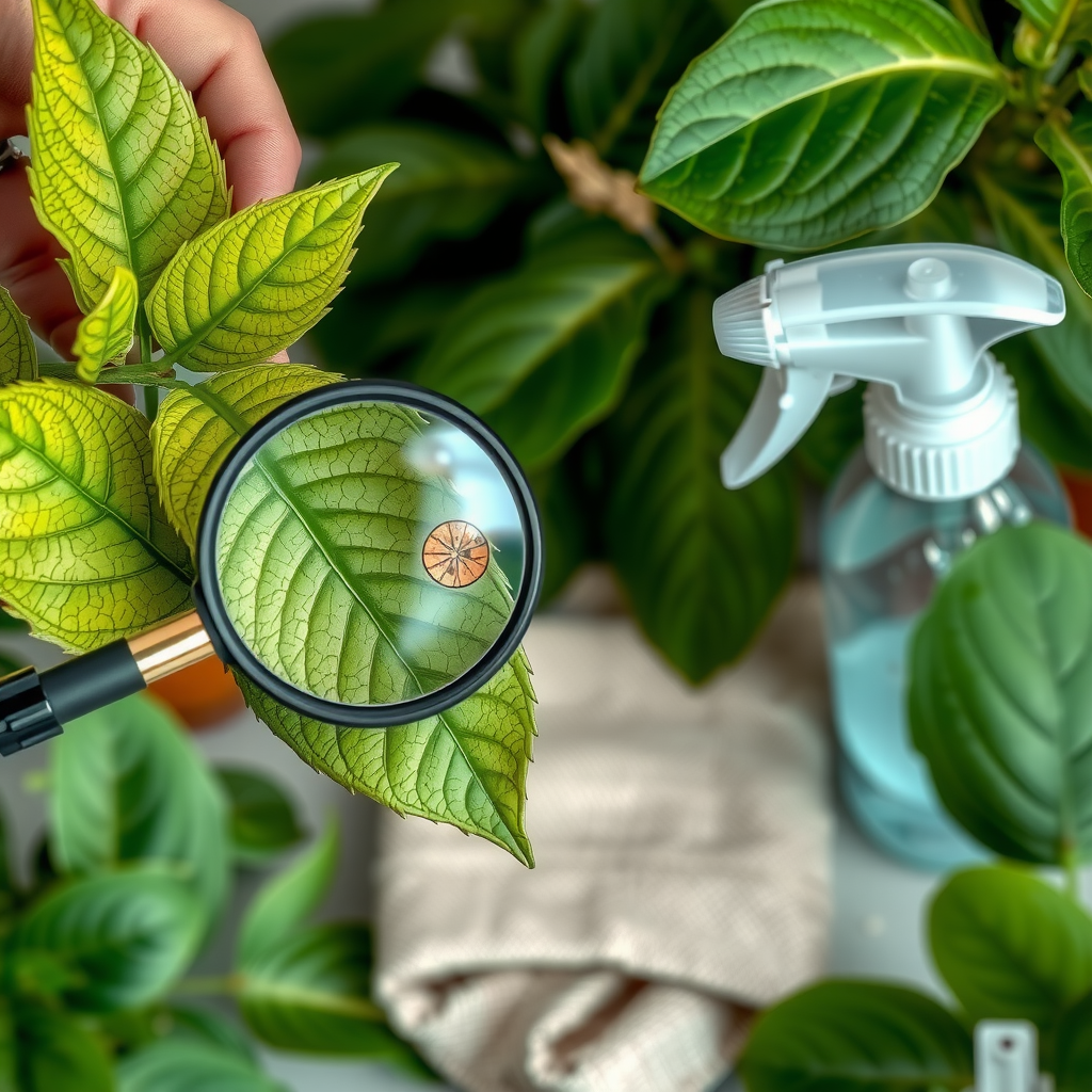 植物の葉を虫眼鏡で検査している様子。健康な葉と害虫の兆候を示す葉の比較、予防スプレーボトルと清潔な布が近くに置かれている