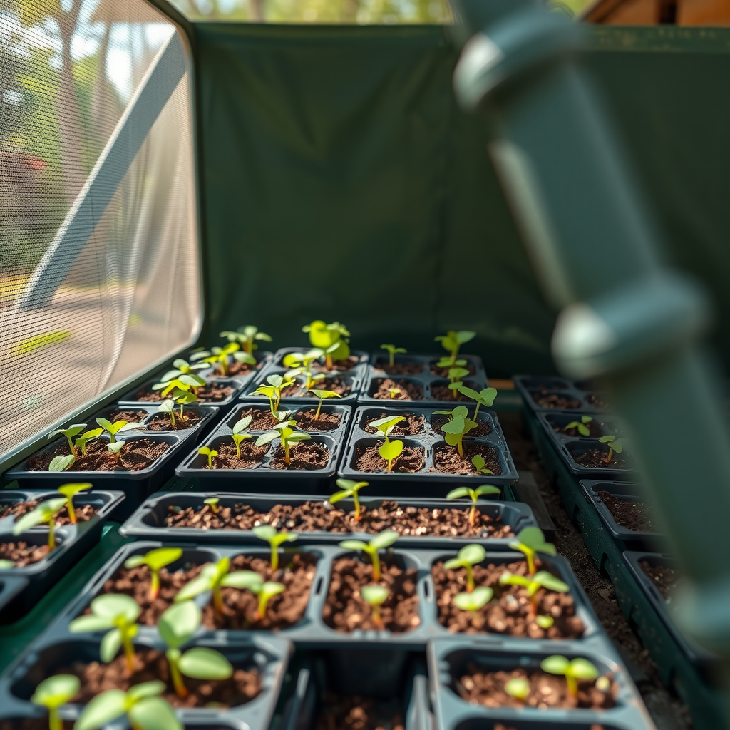 屋外の保護された場所に置かれた苗トレイ。部分的に日陰になっており、徐々に日光に慣らしている様子