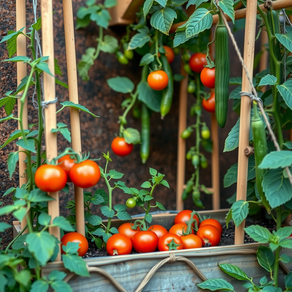 トレリスとサポート構造を備えた小さなレイズドベッド。トマト、キュウリ、豆が垂直に成長し、スペースを最大限に活用している