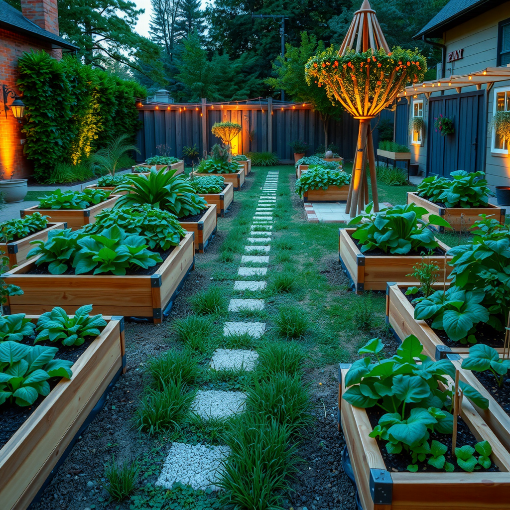 完成した複数のレイズドガーデンベッドが並ぶ美しい裏庭。様々な野菜とハーブが育ち、整然とした通路が配置されている夕暮れの風景