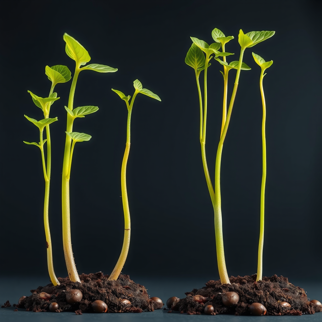 健康な苗と徒長した苗の比較写真。左側には太くて短い茎を持つ健康な苗、右側には細くて長い茎を持つ徒長した苗が並んでいる